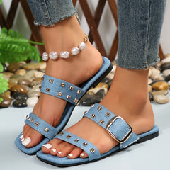 Studded Flat Slides Denim Buckle Strap Sandals