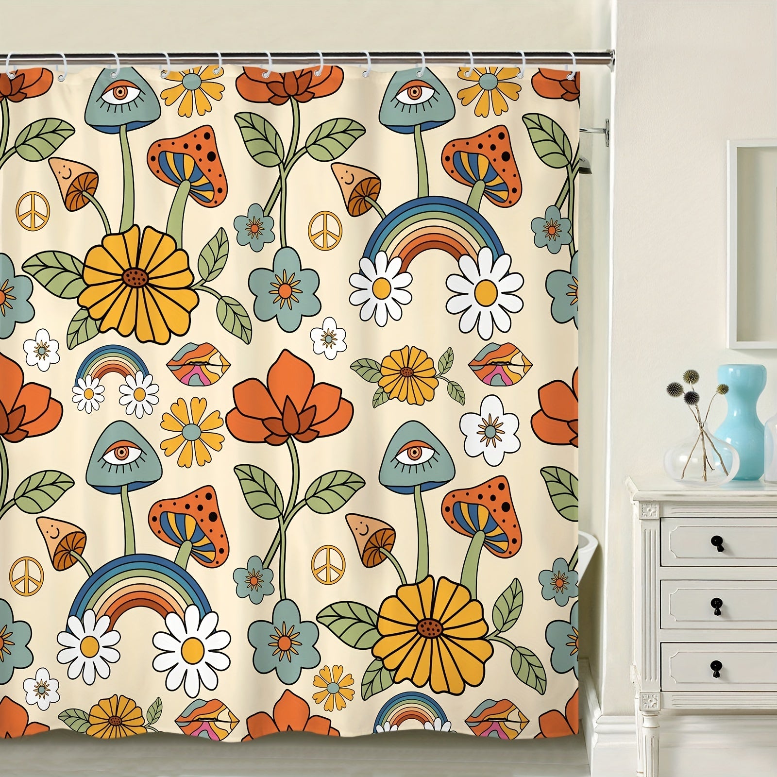 Boho Mushroom Shower Curtain Retro Flowers Bathroom Decor Yellow Orange Floral