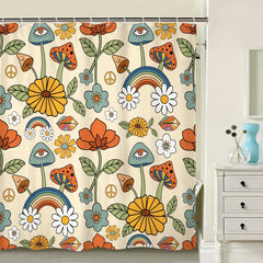 Boho Mushroom Shower Curtain Retro Flowers Bathroom Decor Yellow Orange Floral