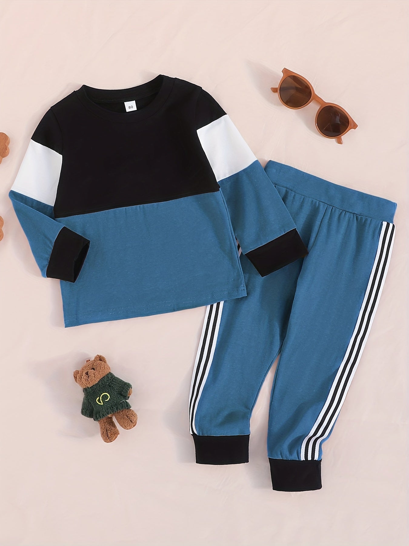 Boys Comfy Casual Suit Contrast Crew Neck Tops & Striped Pants