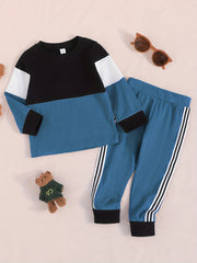 Boys Comfy Casual Suit Contrast Crew Neck Tops & Striped Pants