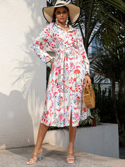 Women's Plus Floral Print Button Up Long Sleeve Polo Neck Shirt Dress
