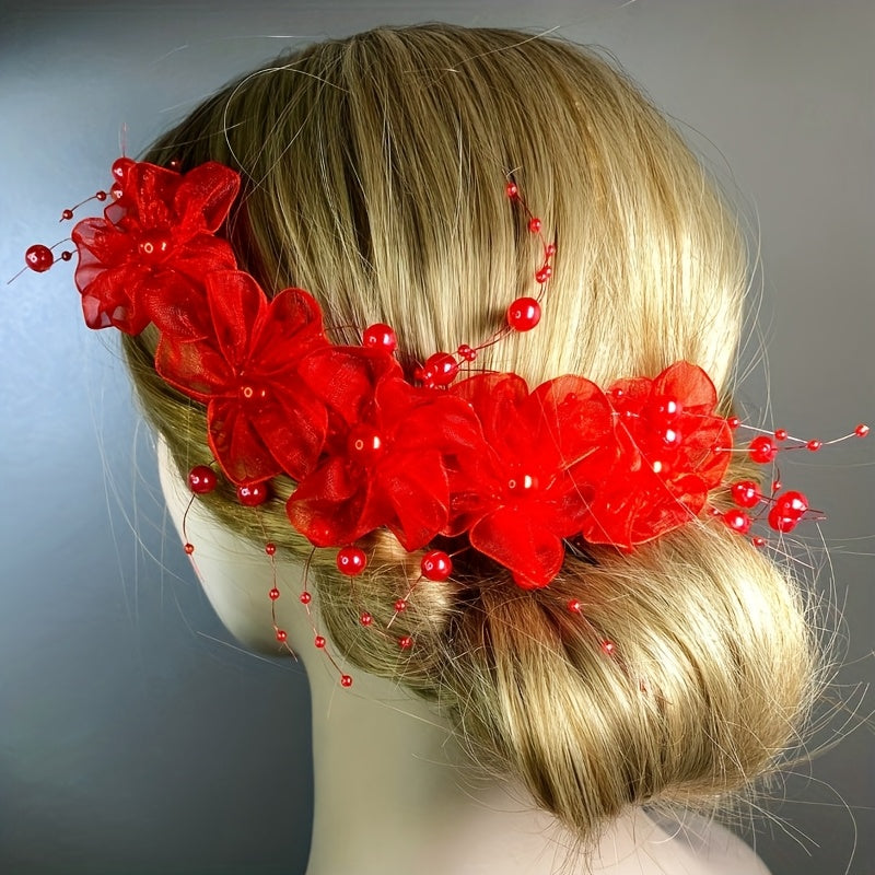 Red Floral Bridal Headpiece with Beaded Details for Weddings