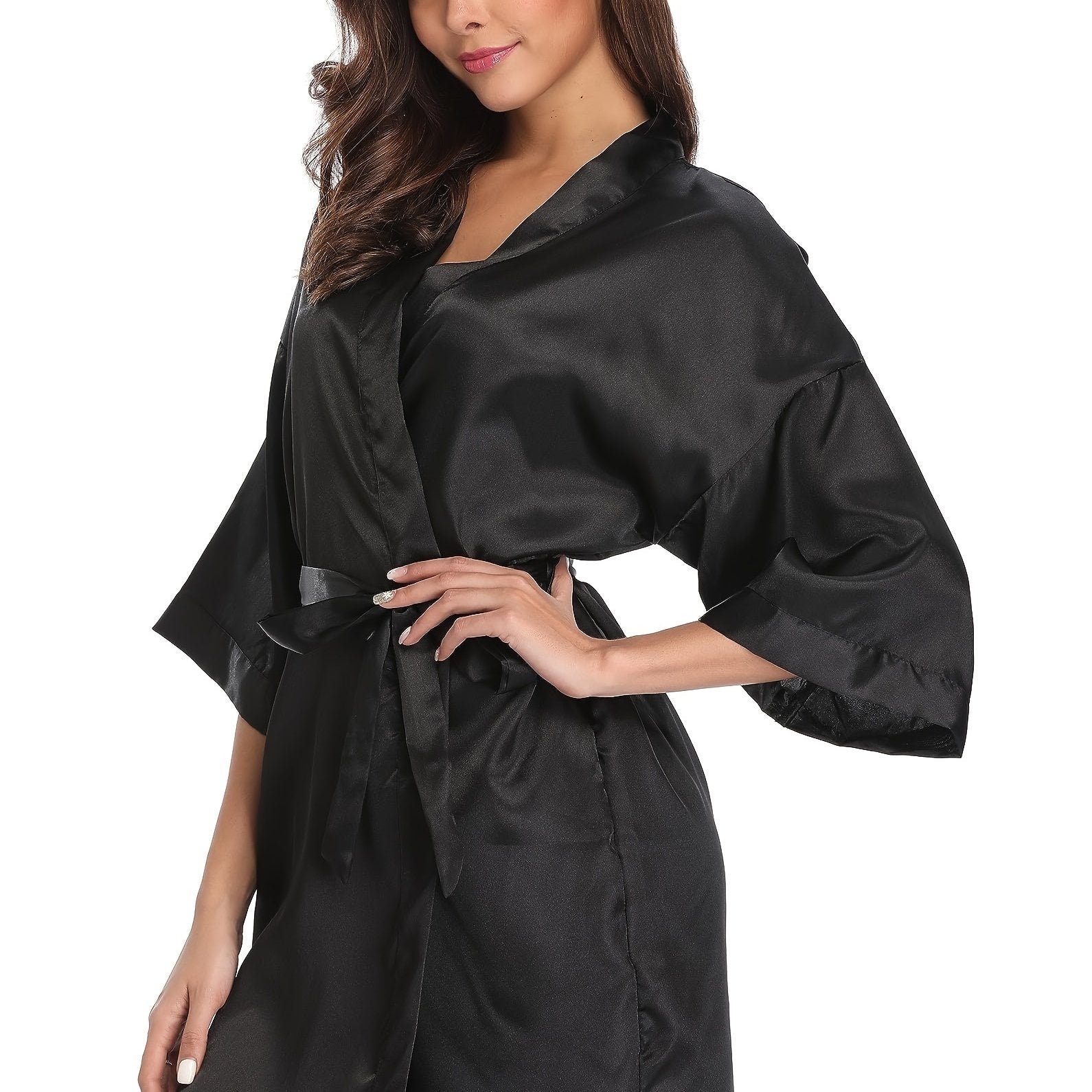Satin Night Robe 3/4 Sleeve V Neck Robe Women's Sleepwear