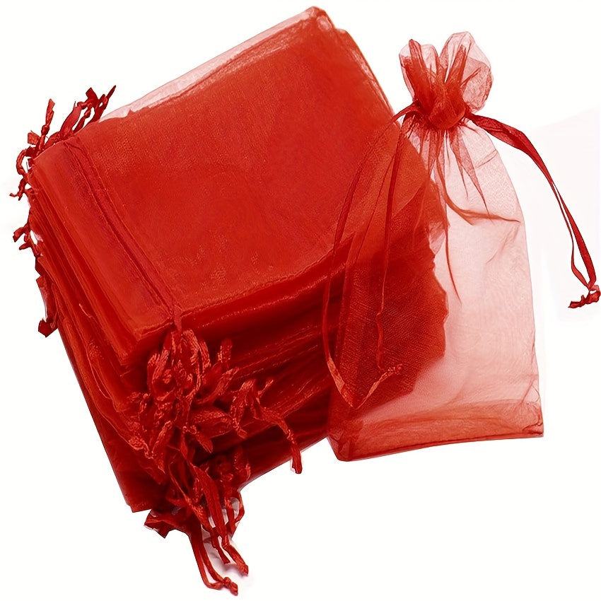 50pcs Red Organza Drawstring Storage Bag Jewelry Wedding Party Gift Decoration