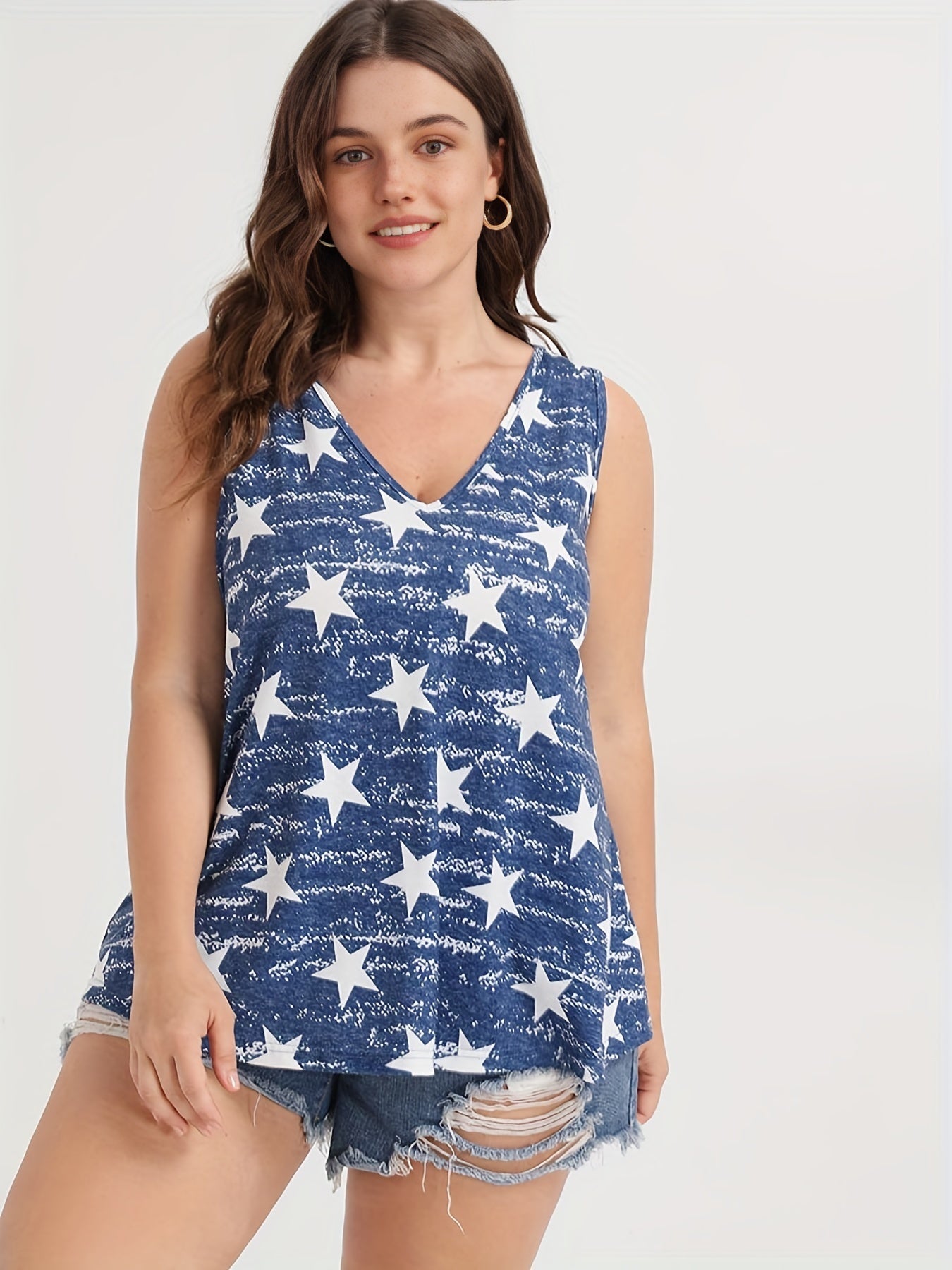 Star Print V Neck Tank Top High Stretch