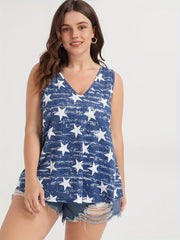 Star Print V Neck Tank Top High Stretch
