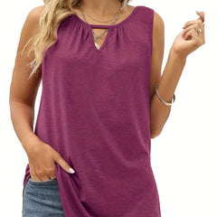 Solid Round Neck Tank Top with Keyhole Front