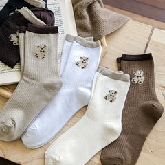 6 Pairs Cartoon Bear Print Socks Women's Mid Tube Stockings