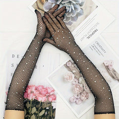 Rhinestone Diamond Mesh Gloves Bungee Stretch Long Full Finger Gloves