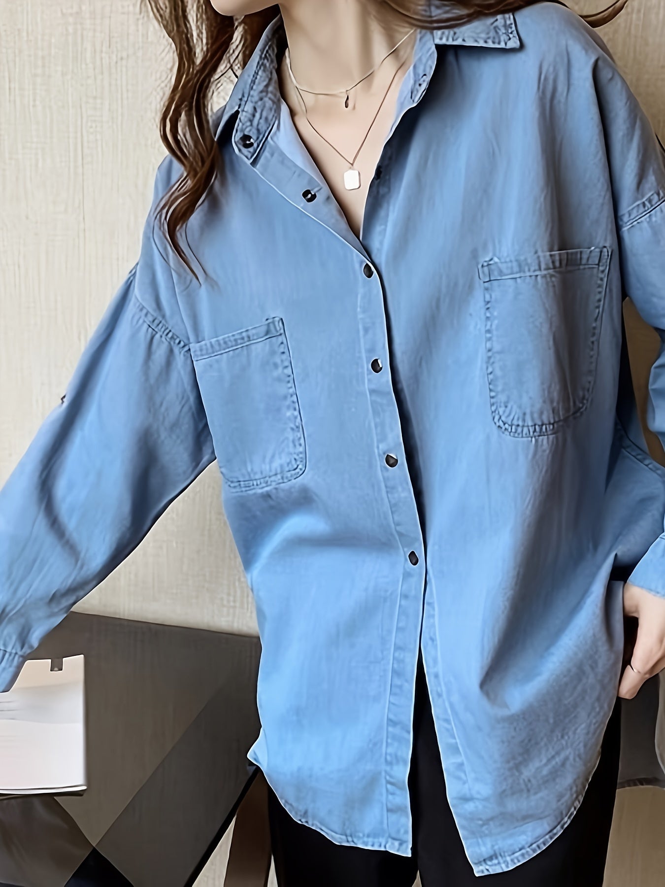 Casual Denim Top Women's Button Down Roll Up Sleeve Blouse