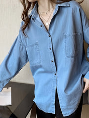 Casual Denim Top Women's Button Down Roll Up Sleeve Blouse