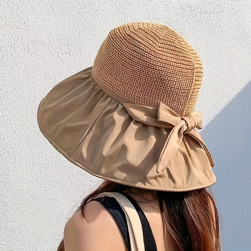 Women Bowknot Beach Sun Hat Wide Brim Visor Hat