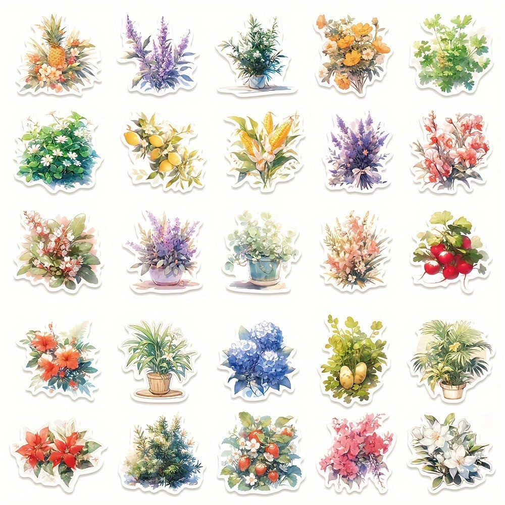 50pcs Watercolor Style Plant Series Stickers for Laptop Helmets, Water Cup