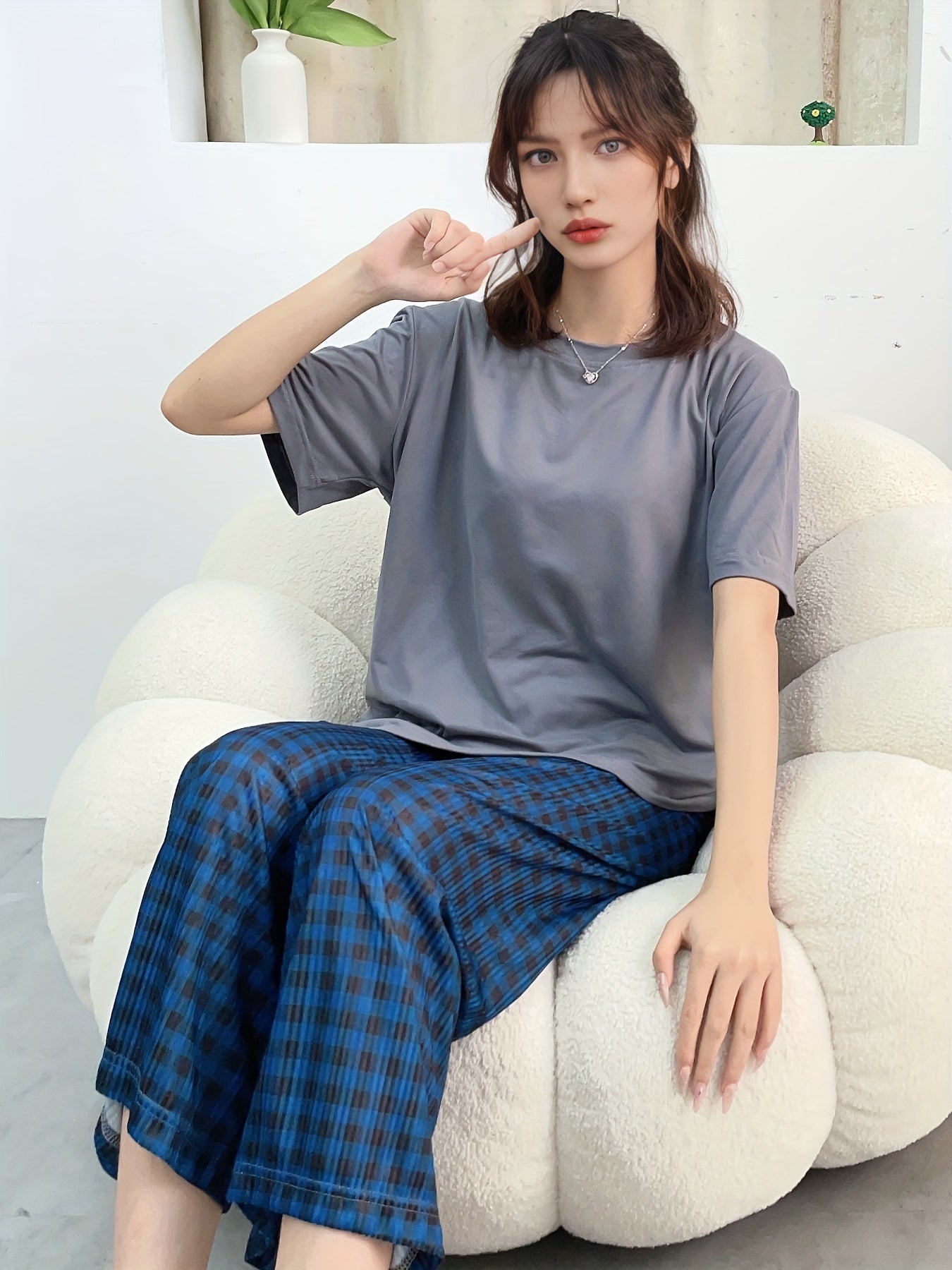 Plaid Pajama Set Crew Neck Short Sleeve Top & Elastic Waistband Pants