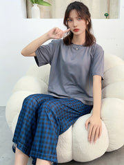Plaid Pajama Set Crew Neck Short Sleeve Top & Elastic Waistband Pants