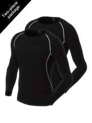 2 Pcs Men's Quick Drying Long Sleeve T-Shirts High Stretch Crew Neck