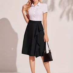 Solid Ruffle Trim Mini Skirt High Rise Stretch