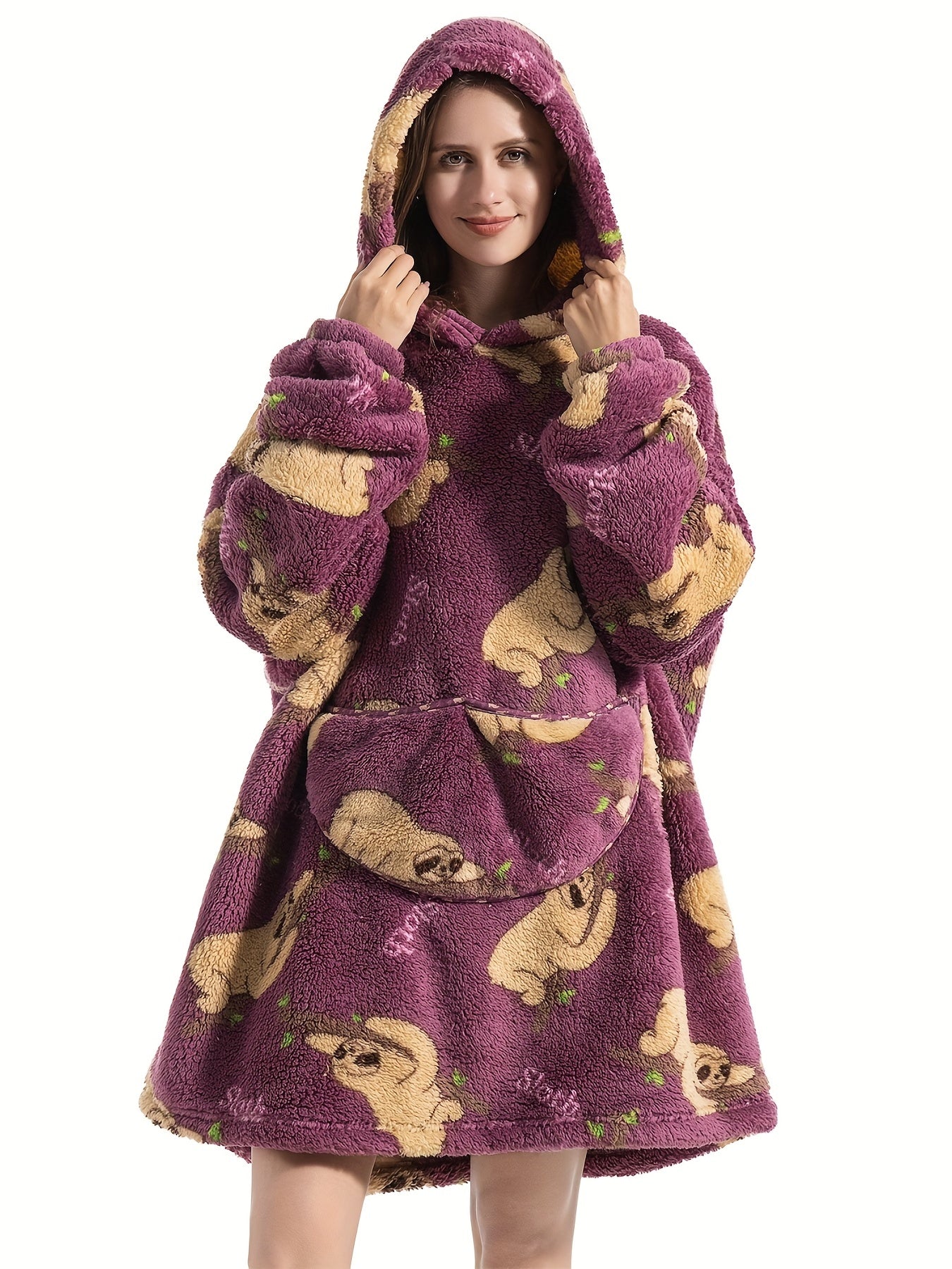 Lounge Robe Women's Plus Sloth Pattern Warm Oversized Fleece Hoodie