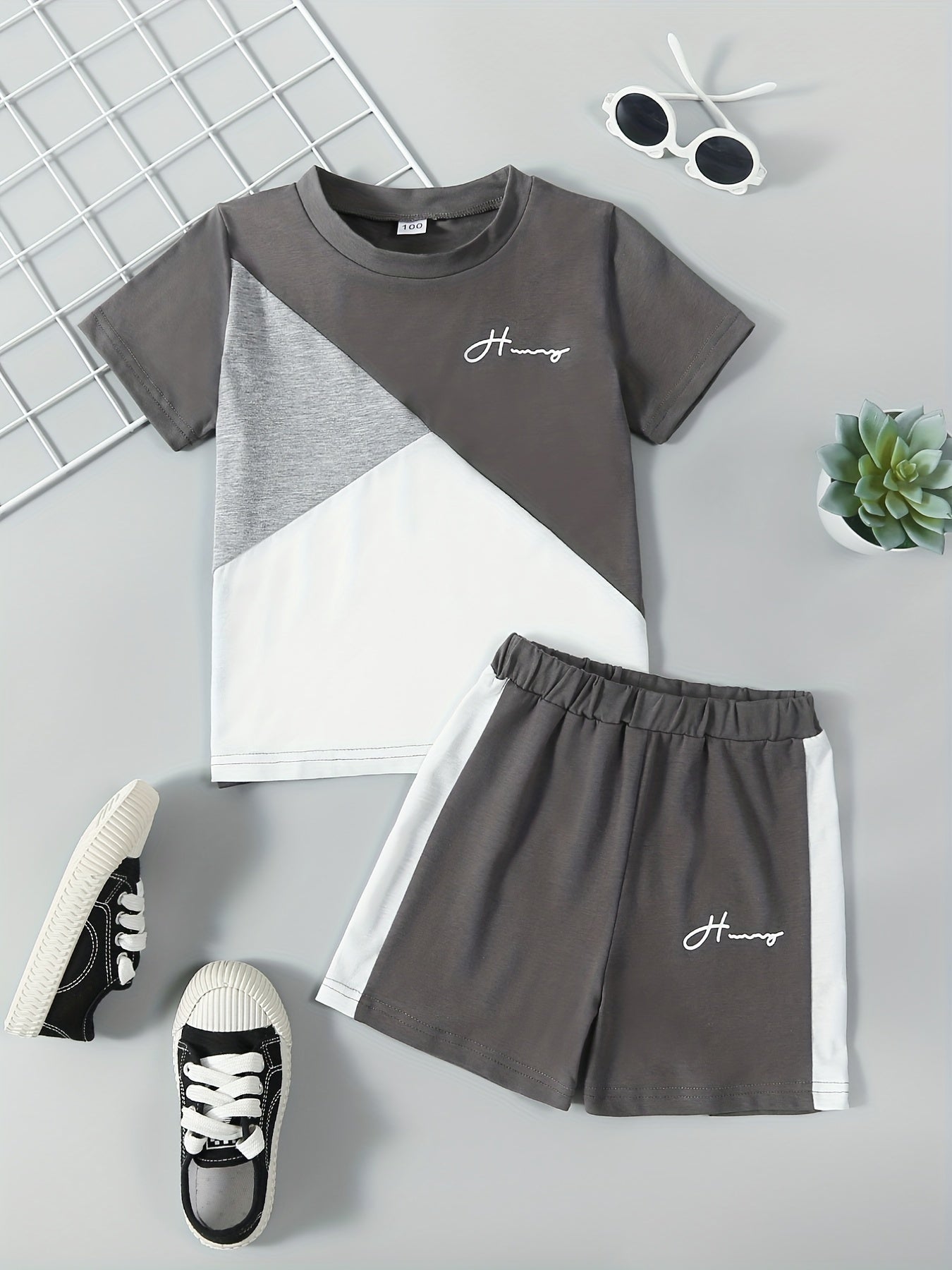 Boys 2pcs Block T shirt & Shorts Set Kids Casual Summer