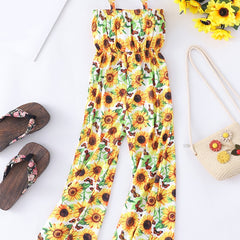 Girls Sunflower Print Cami Romper Jumpsuit Flare Leg Pants Overalls Kids Summer