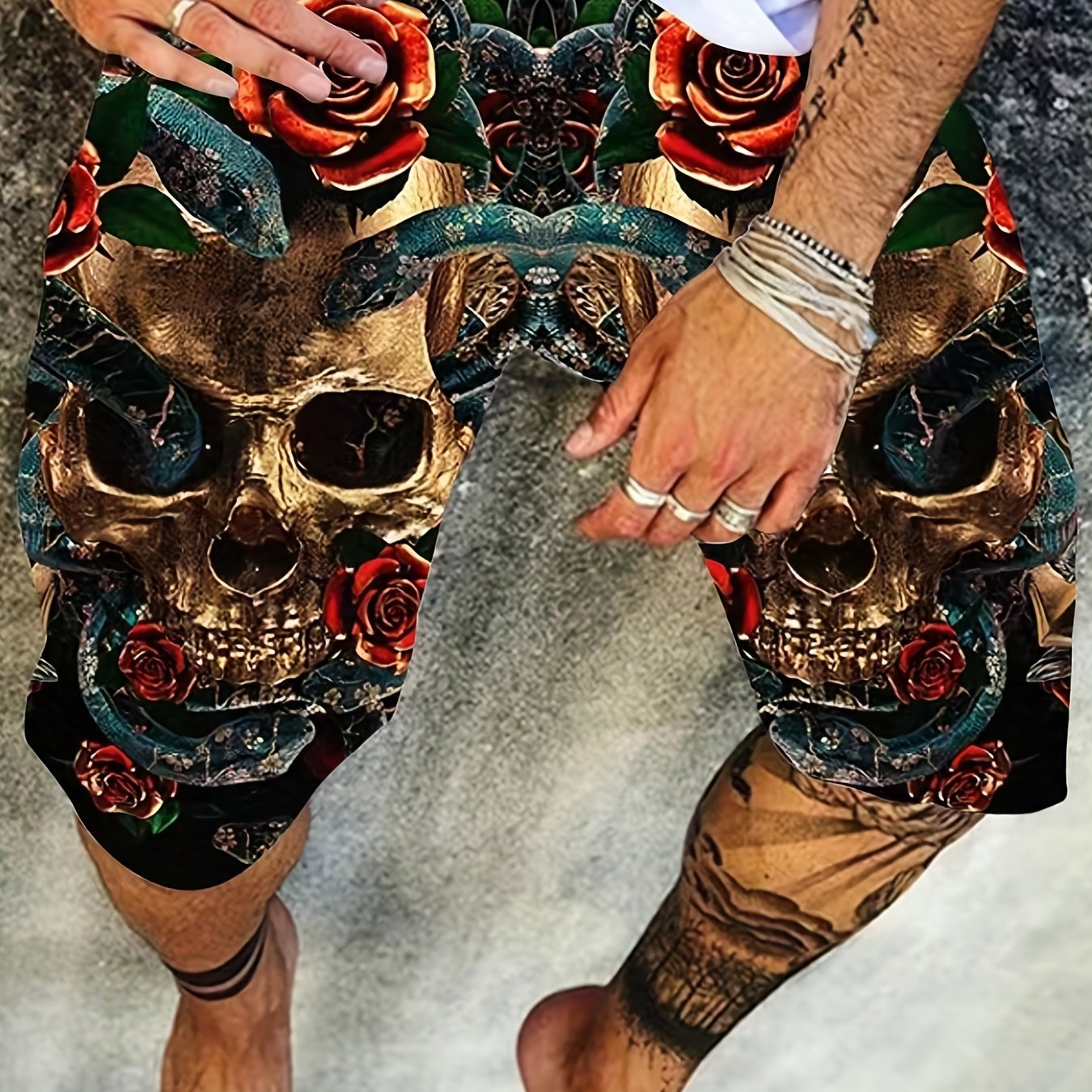 Skull Rose Print Shorts Men's Casual Elastic Waist Summer Shorts