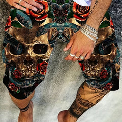 Skull Rose Print Shorts Men's Casual Elastic Waist Summer Shorts