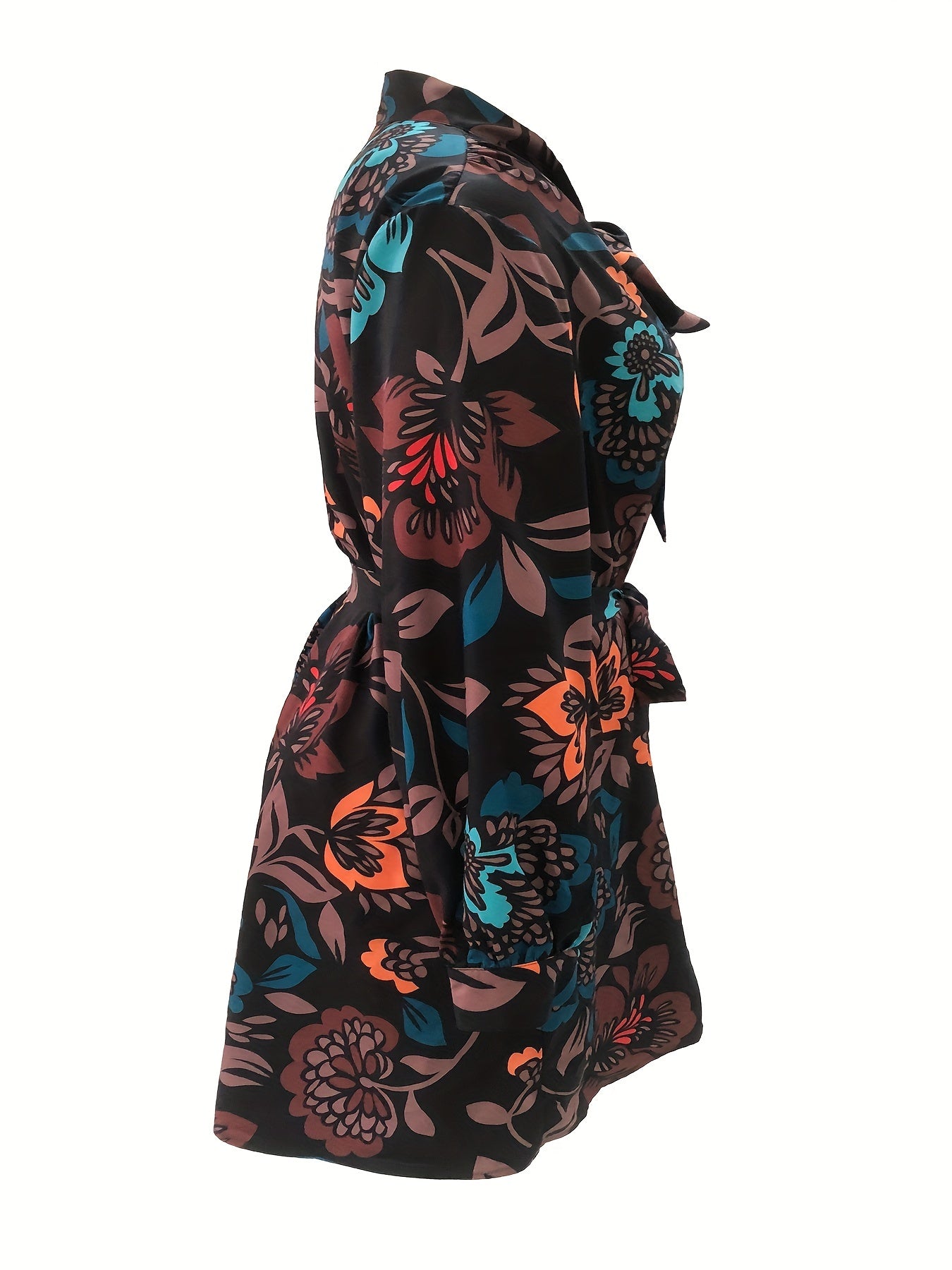 Floral Print Long Sleeve Plus Size Boho Dress with Tie Neck & Belt