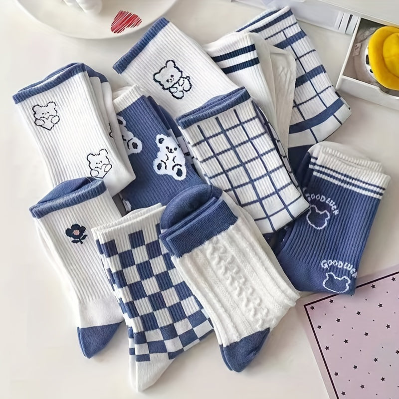 10 Pairs Cartoon Bear Print Socks Mid Tube Women's Stockings