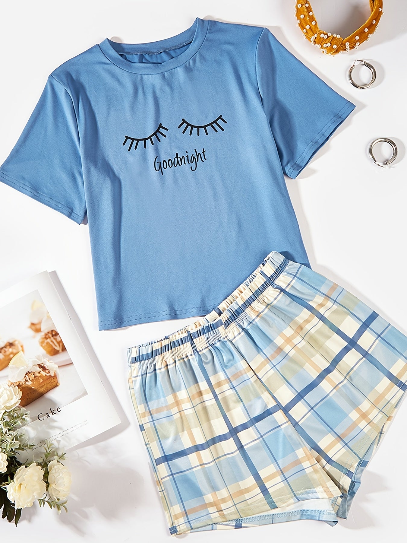 Letter Print Short Sleeve Tops & Plaid Shorts Set Women's Sleepwear & Loungewear
