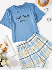 Letter Print Short Sleeve Tops & Plaid Shorts Set Women's Sleepwear & Loungewear