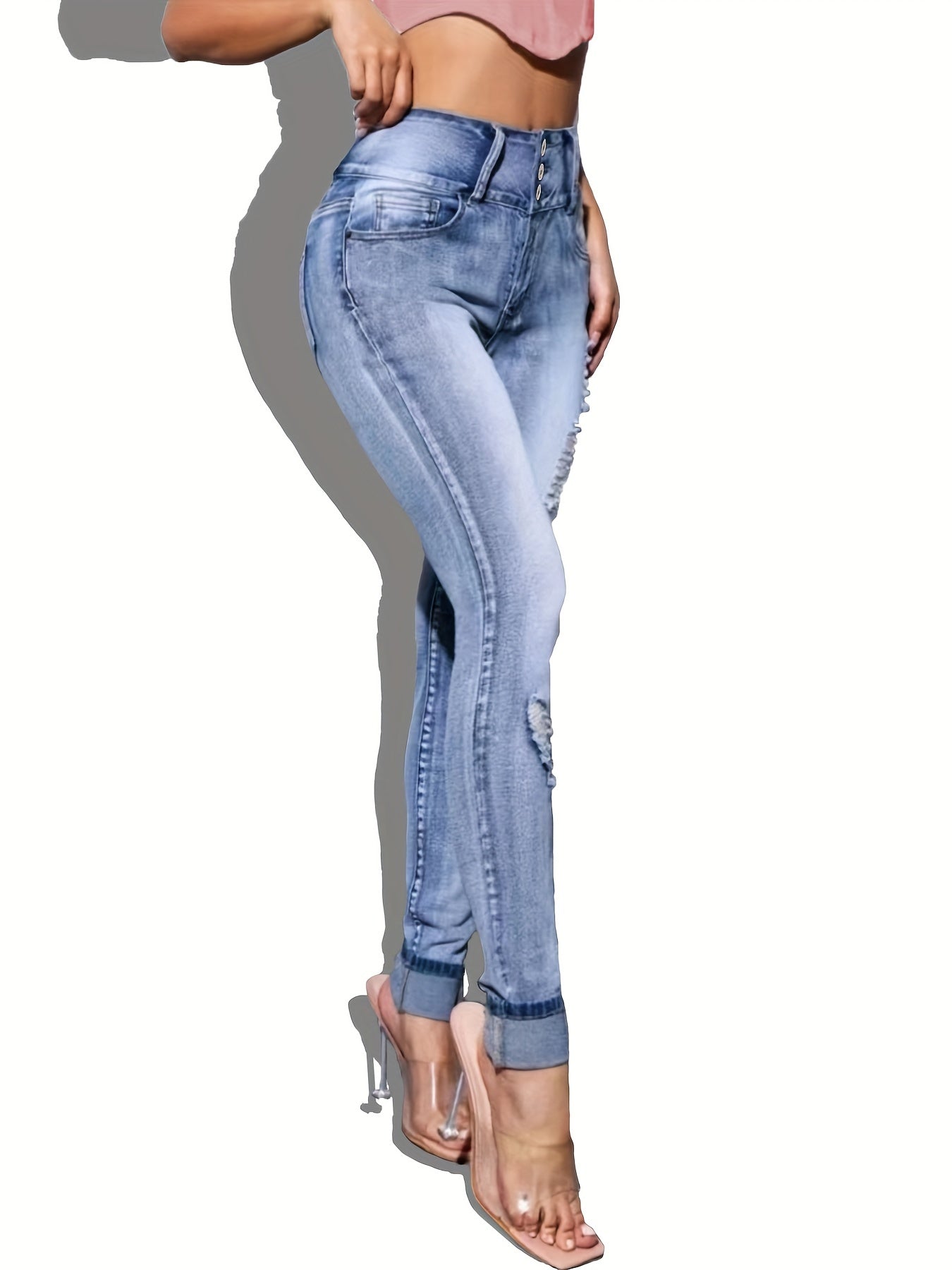 High Rise Ripped Denim Pants Butt Lifting Skinny Jeans