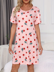 Cherry Print Lounge Dress Short Sleeve Women's Sleepwear