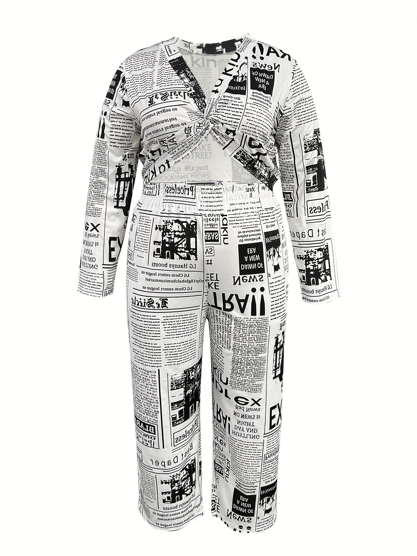 Newspaper Print Twist Front Top & Pants Set