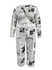 Newspaper Print Twist Front Top & Pants Set