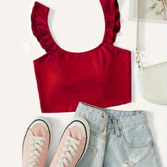 Sexy Ruffle Wide Strap Crop Top