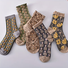 5 Pairs Retro Floral Textured Women's Socks All-match Stock