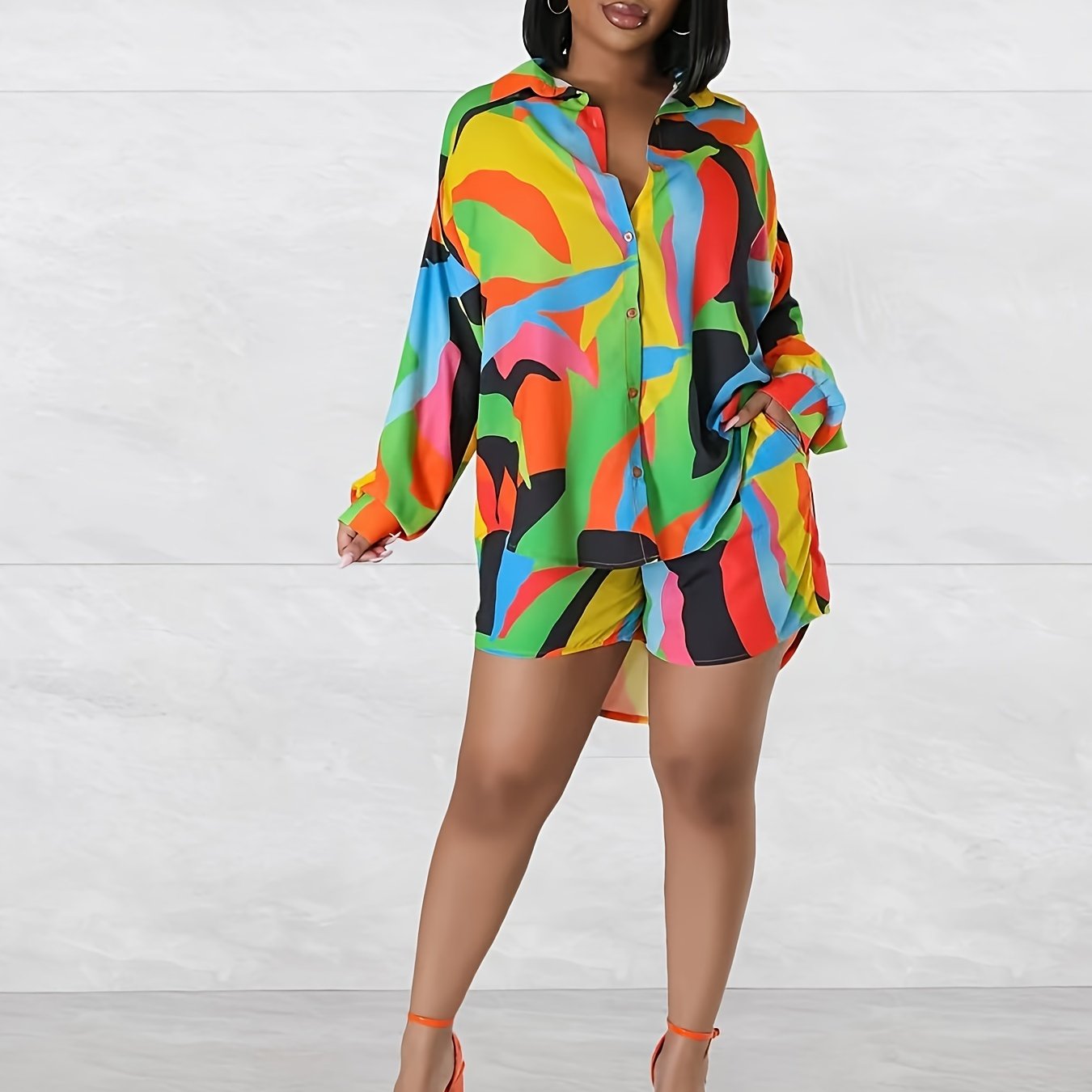 Colorblock Button Up Tunic Blouse & Shorts Set