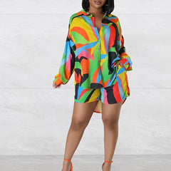 Colorblock Button Up Tunic Blouse & Shorts Set