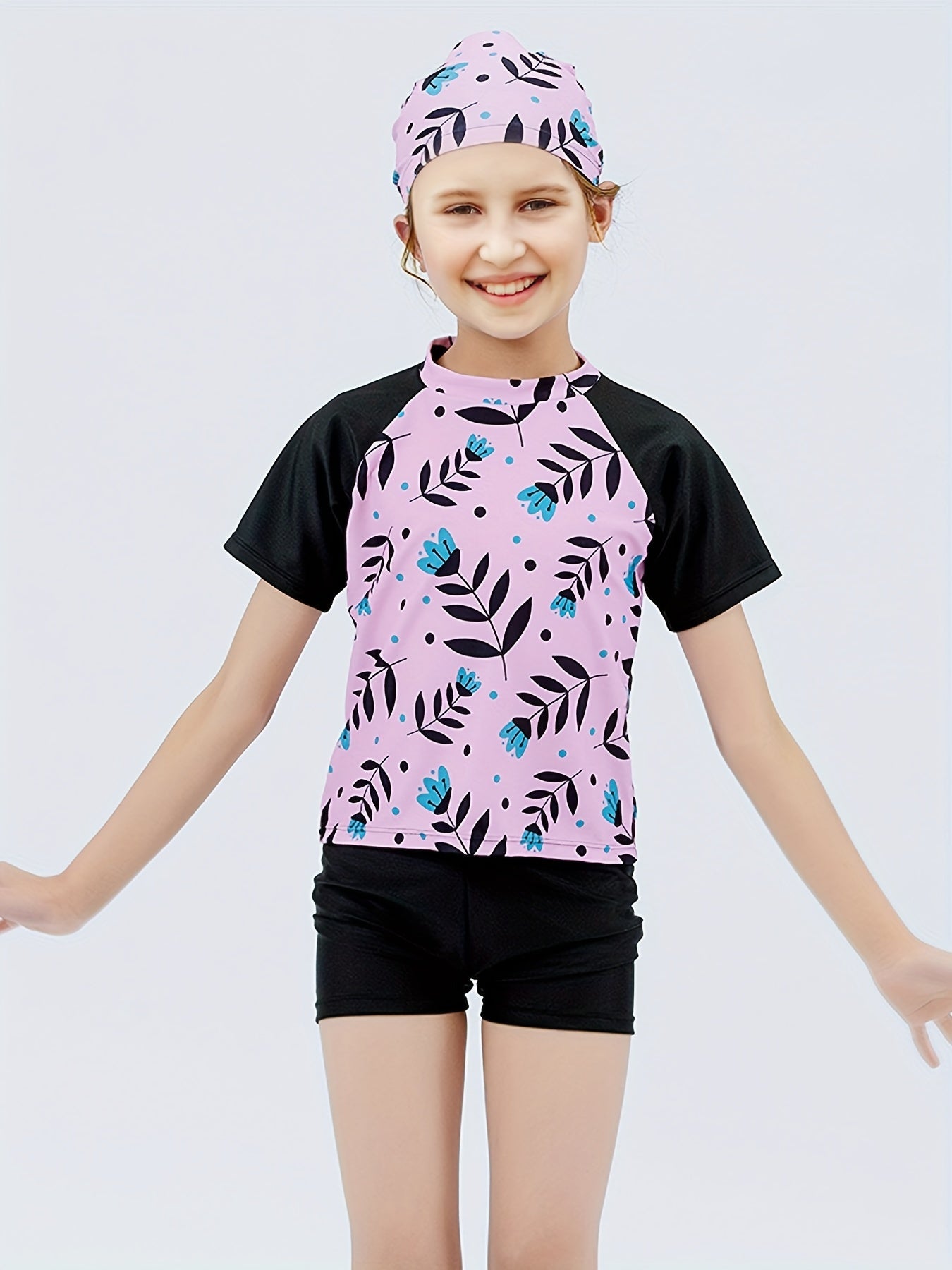 Girls Cartoon Flower T shirt & Shorts & Cap Swimsuit Set