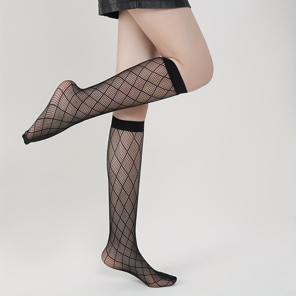 Argyle Fishnet Calf Socks Knee High Stockings