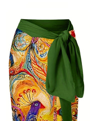 Peacock Print One Piece Swimsuit & Cover Up Skirt Set