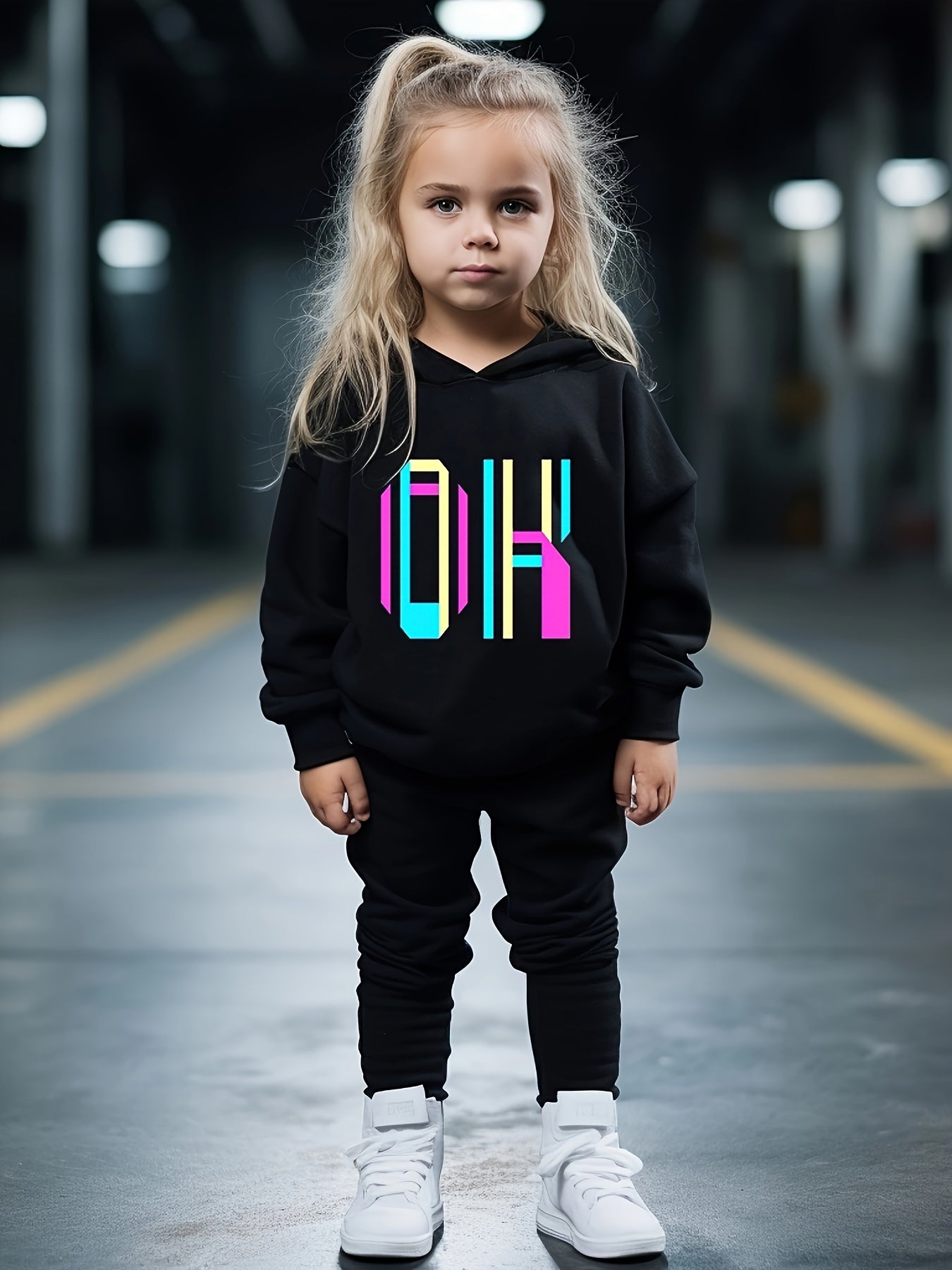 Girls 2pc Alphabets Crew Neck Sweatshirt & Solid Sweatpants Set