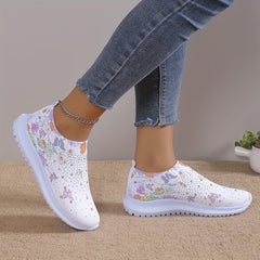 Women's Rhinestone Sock Shoes Butterfly & Floral Print Knit Running Shoes