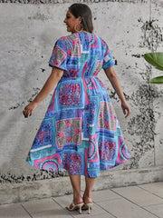 Colorblock Scarf Print V-Neck Stretch Dress