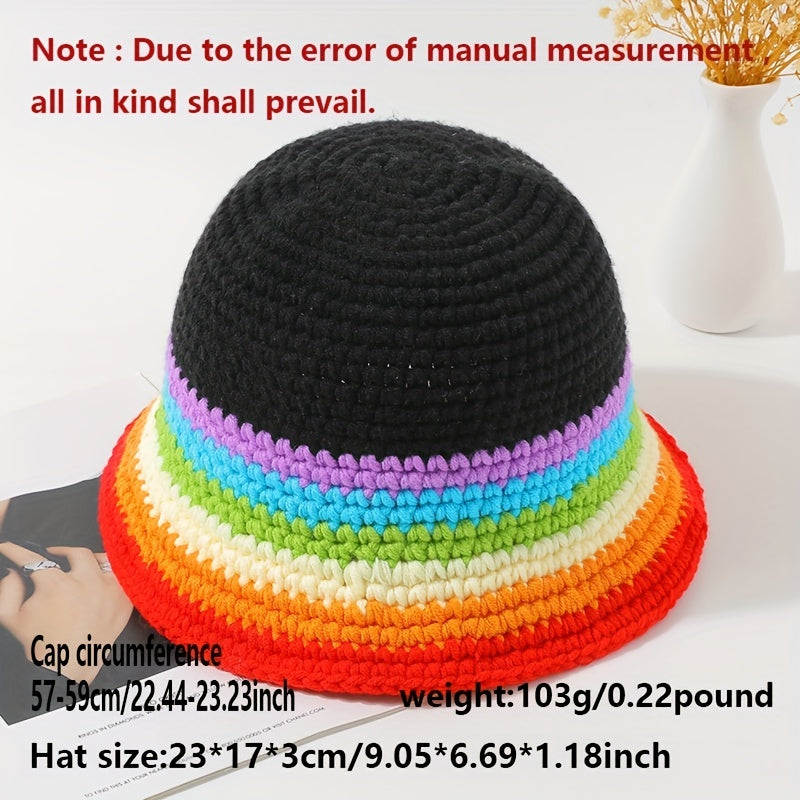 Vintage Rainbow Striped Bucket Hat Classic Crochet Cloche Hat