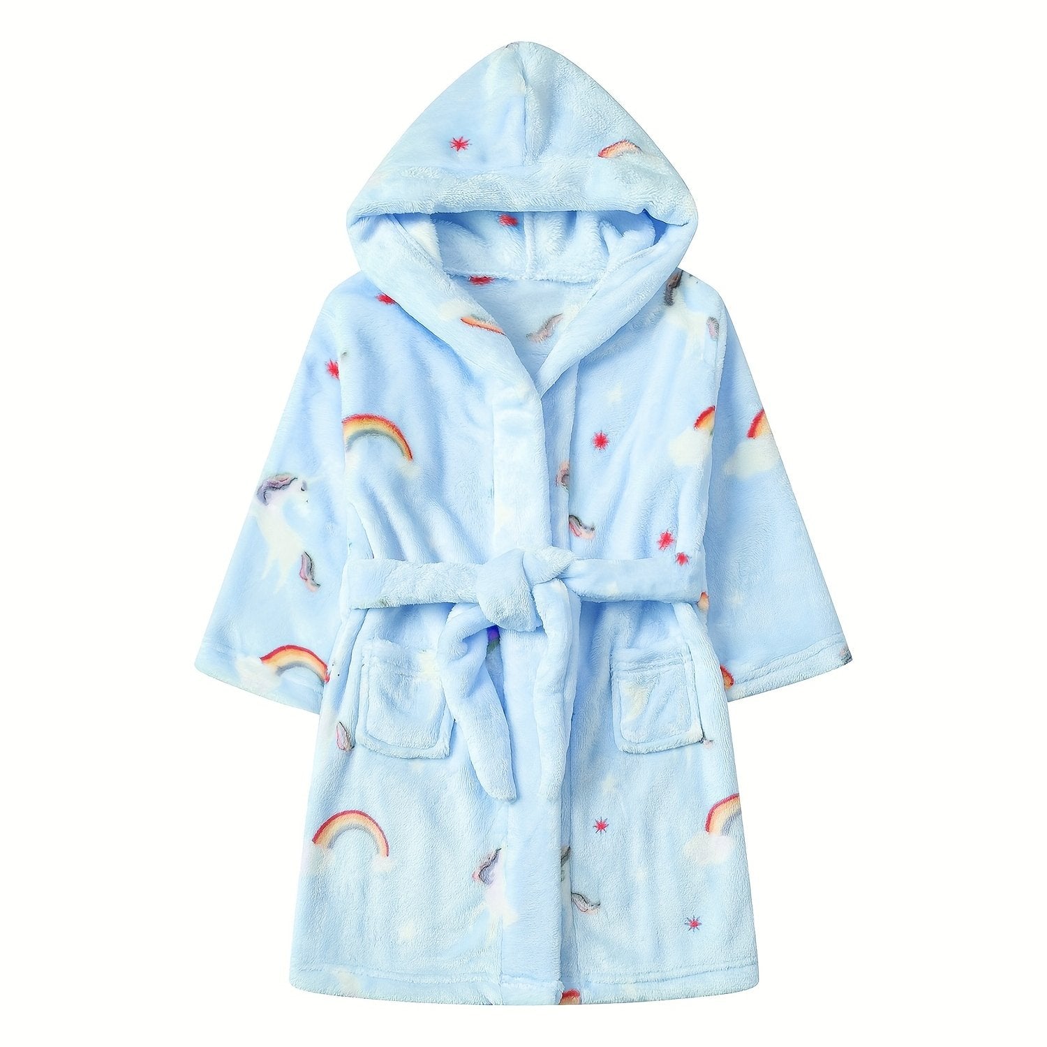 Girls Unicorn Rainbow Hooded Bathrobe Soft Warm Pockets Belt Robe Pyjamas