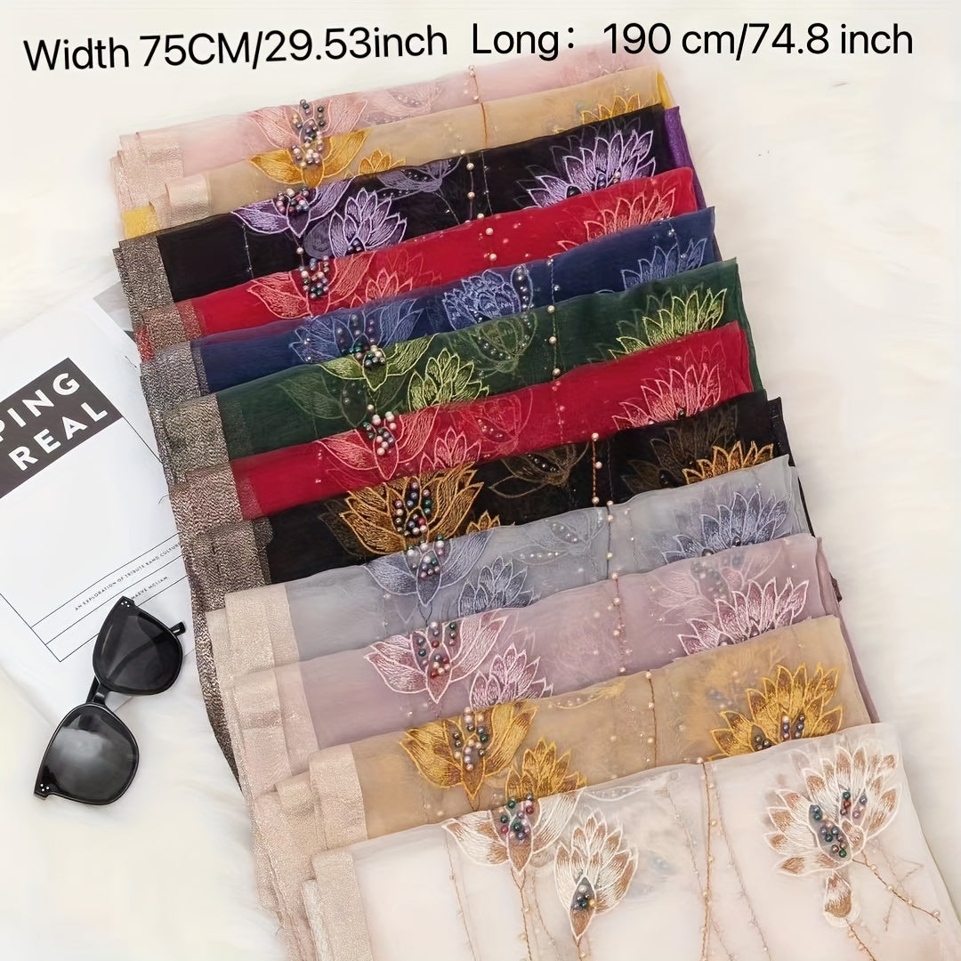 Silk Scarf Embroidered Beads Decorative Shawl Thin Sunscreen Shawl