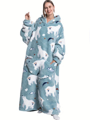 Polar Bear Flannel Nightgown Fleece Hooded Blanket