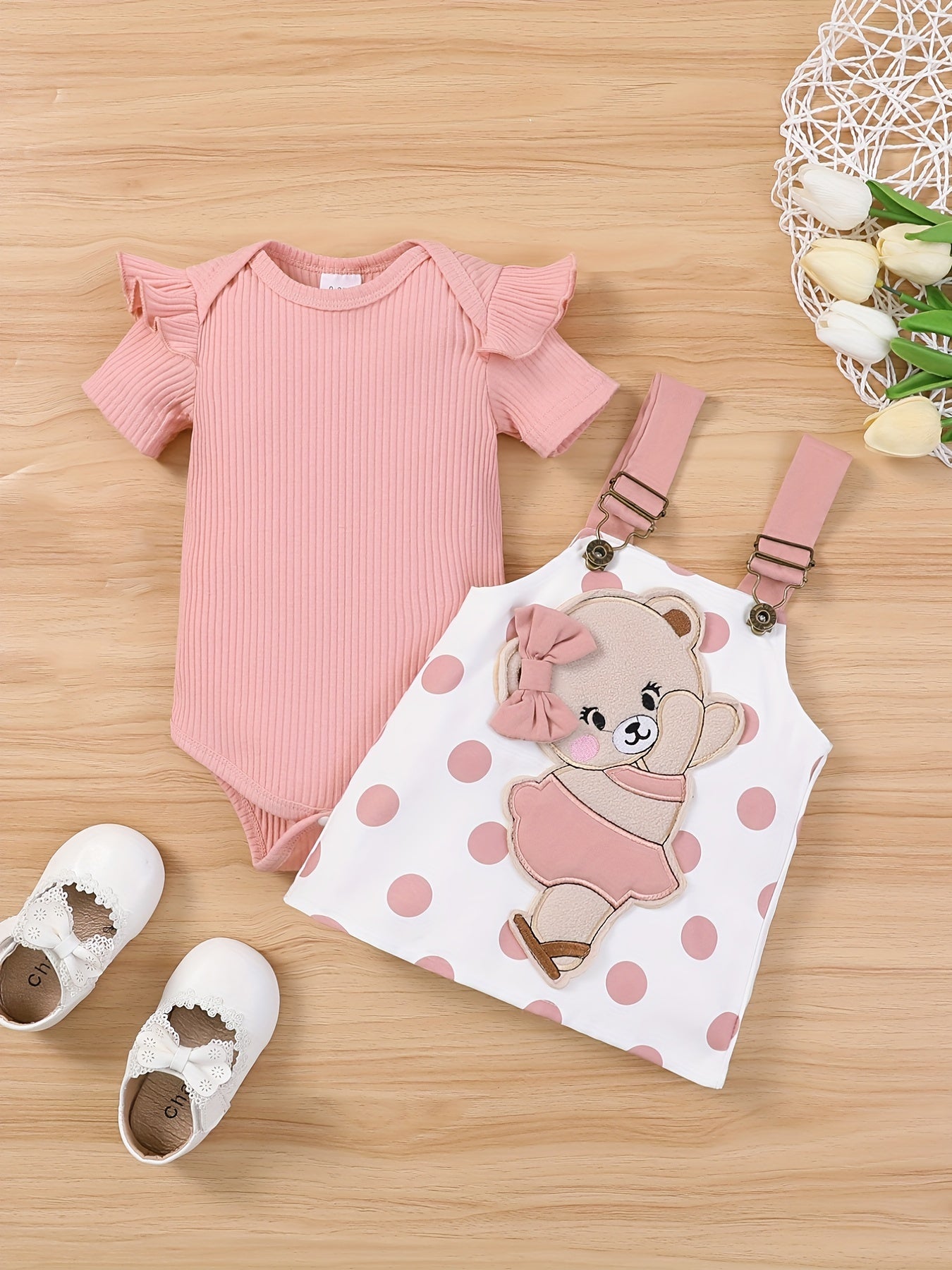 Baby Girls Flutter Sleeve Onesie Romper & Suspender Dress Set